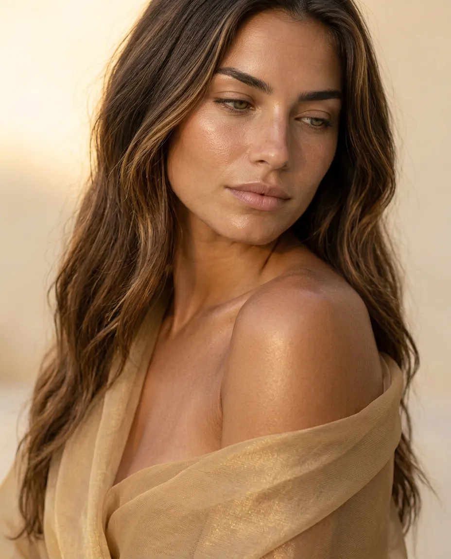 Modella Soleya con pelle abbronzata e luminosa avvolta in un velo dorato
